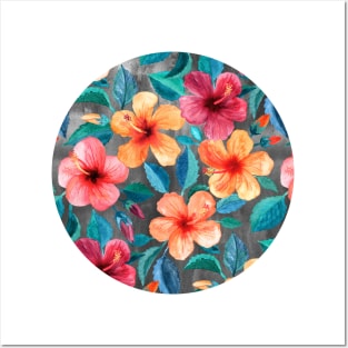 Colorful Watercolor Hibiscus on Dark Charcoal Posters and Art